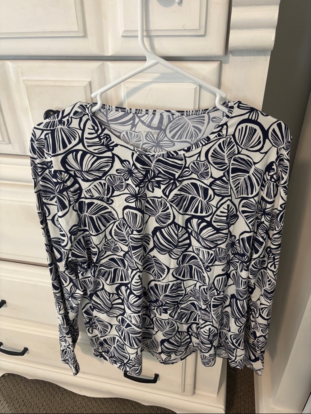 Lands' End Navy and White Leaf-Print Long Sleeve Tee